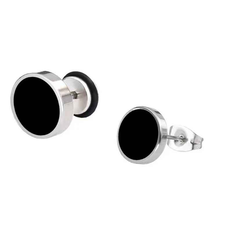 Amazon new men's stainless steel round black oil drop earrings simple round cake punk ear jewelry wholesale