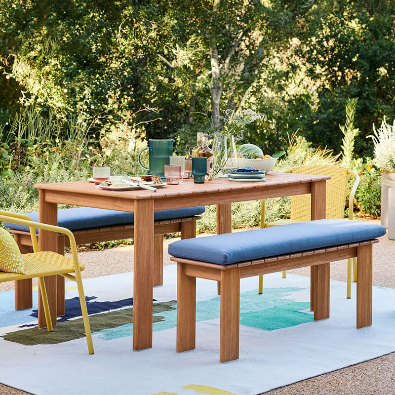 Mesas y sillas para exteriores, jardín con patio, conjunto de muebles de ratán impermeables y resistentes al sol, terraza de villa, banco largo de madera maciza.