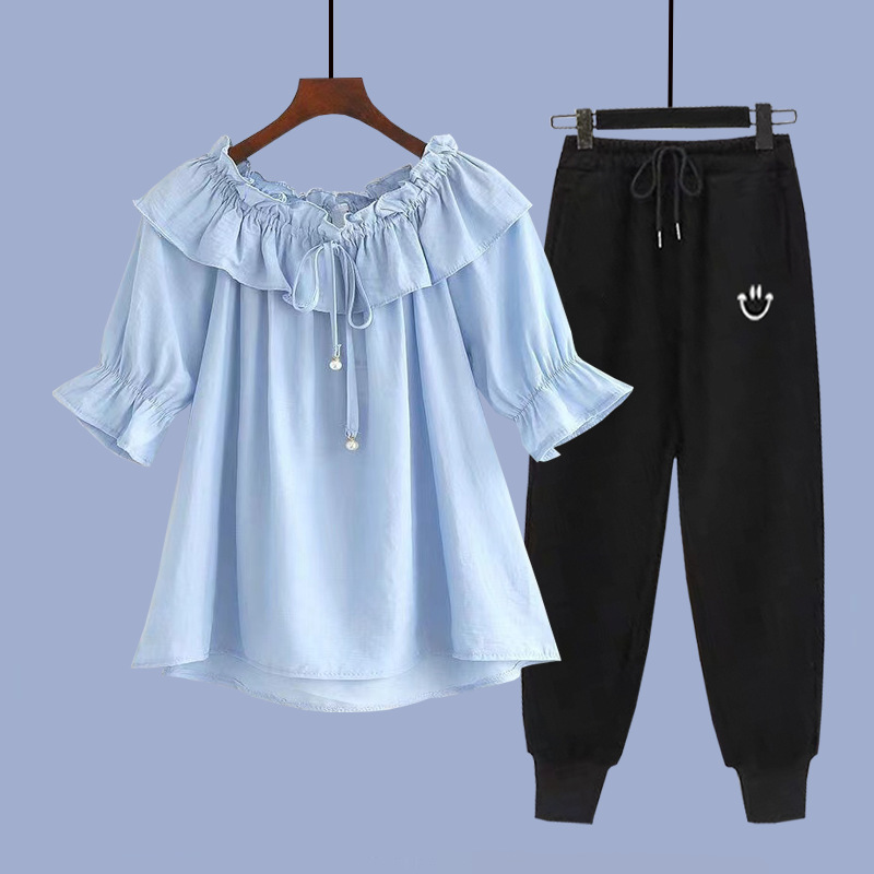 Blue black trousers, with short sleeve
