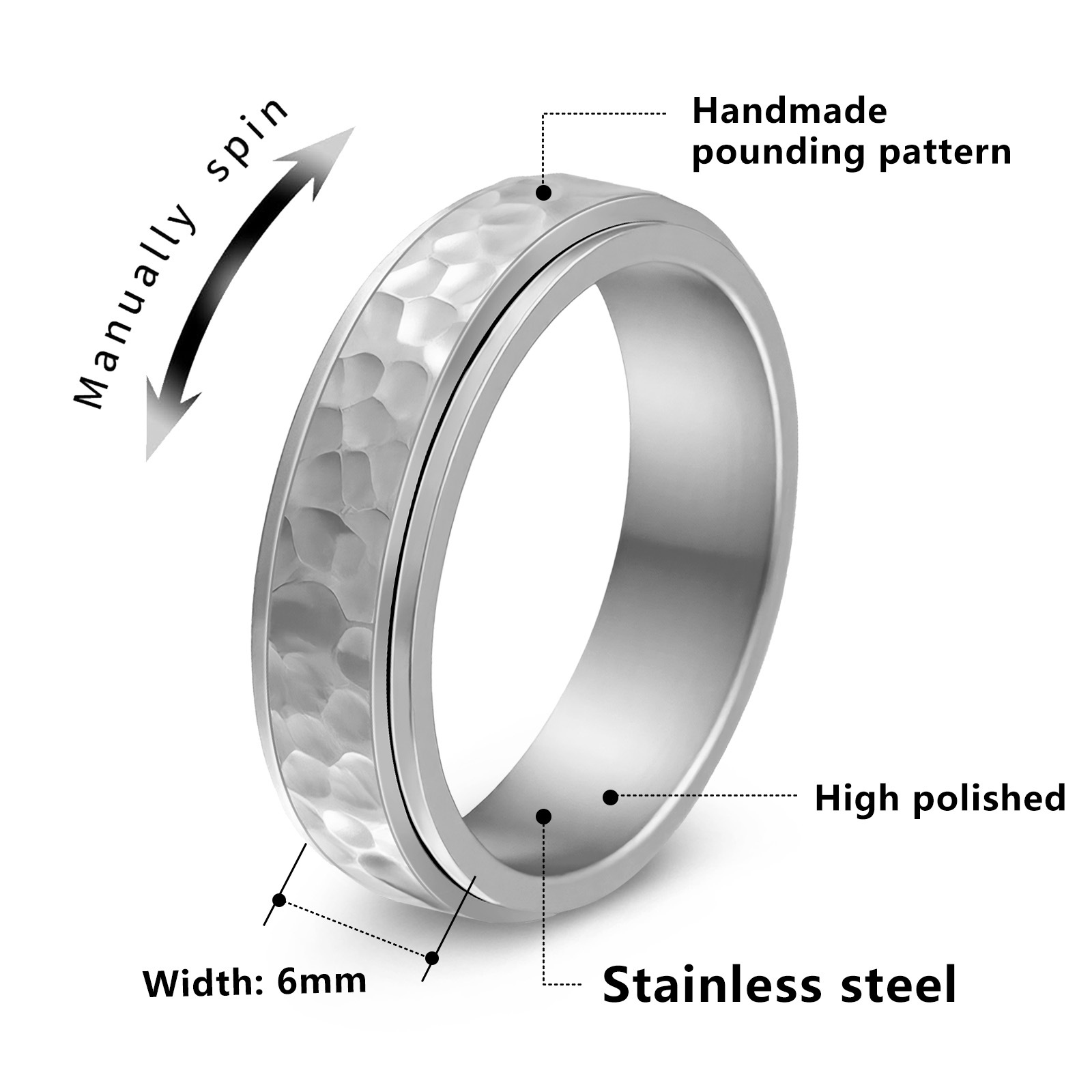 Nuevo anillo giratorio de acero de titanio transfronterizo manual golpeando Luna patrón de pozo patrón de golpeo irregular anillo de descompresión giratorio