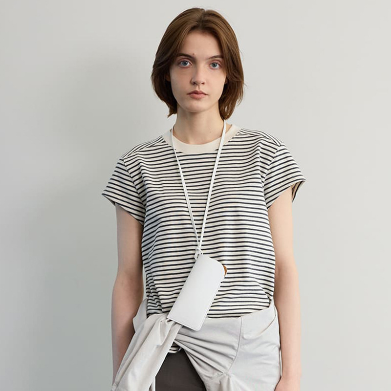 in stock MOONDAL Striped Short-sleeved T-shirt Women's New Spring and Summer Korean Niche Loose Casual Simple Round Neck Top