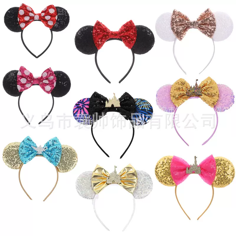 2025外贸新款跨境米奇蝴蝶结发箍彩色宽边头箍 亮片发箍发饰批发