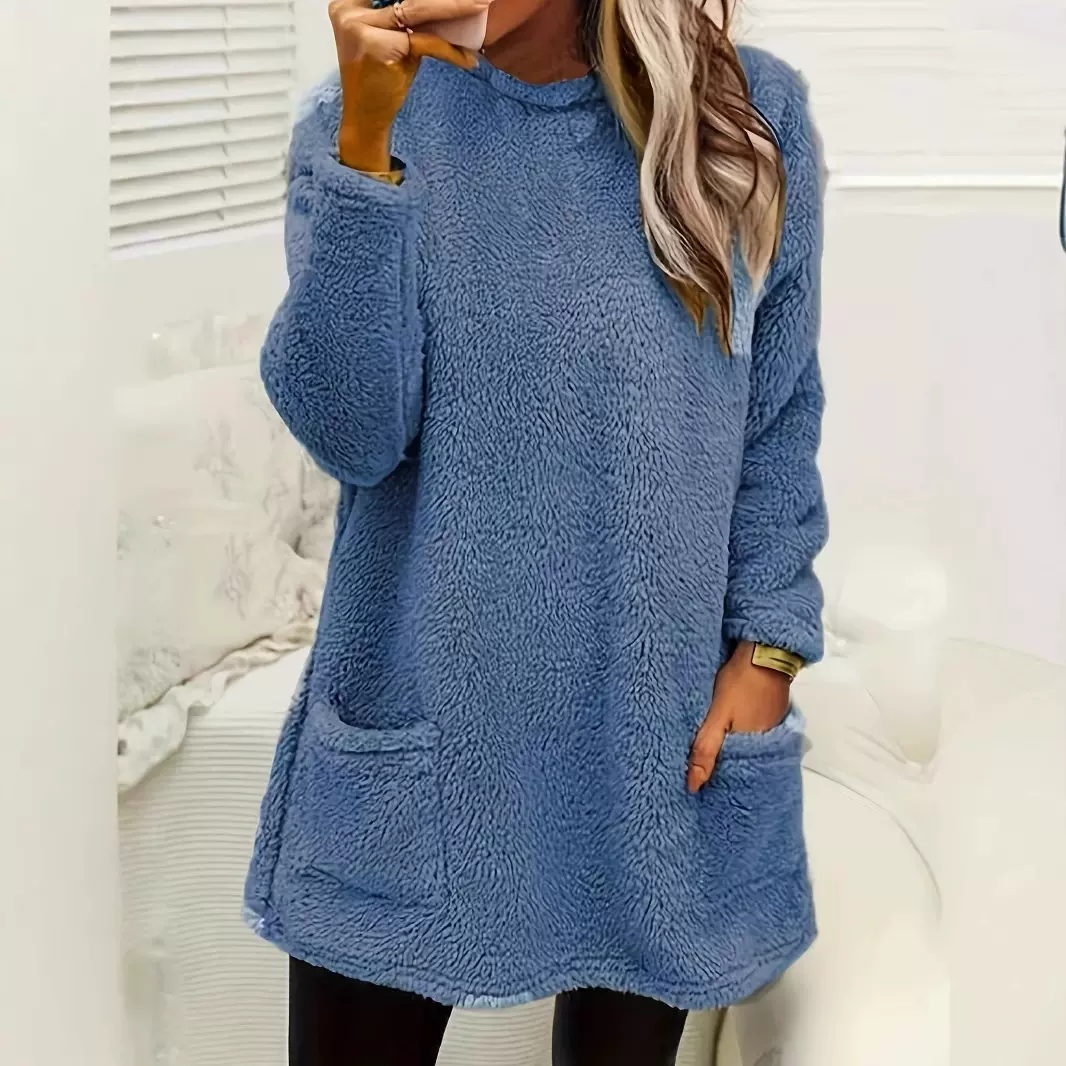 2024跨境女装秋冬新款亚马逊长袖圆领休闲宽松毛绒卫衣口袋上衣女