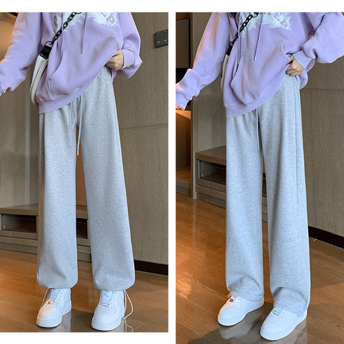 Women's Autumn/Winter High-Waisted Casual Loose-Fit Straight-Leg American-Style Fleece-Lined Wide-Leg White & Gray Sweatpants
