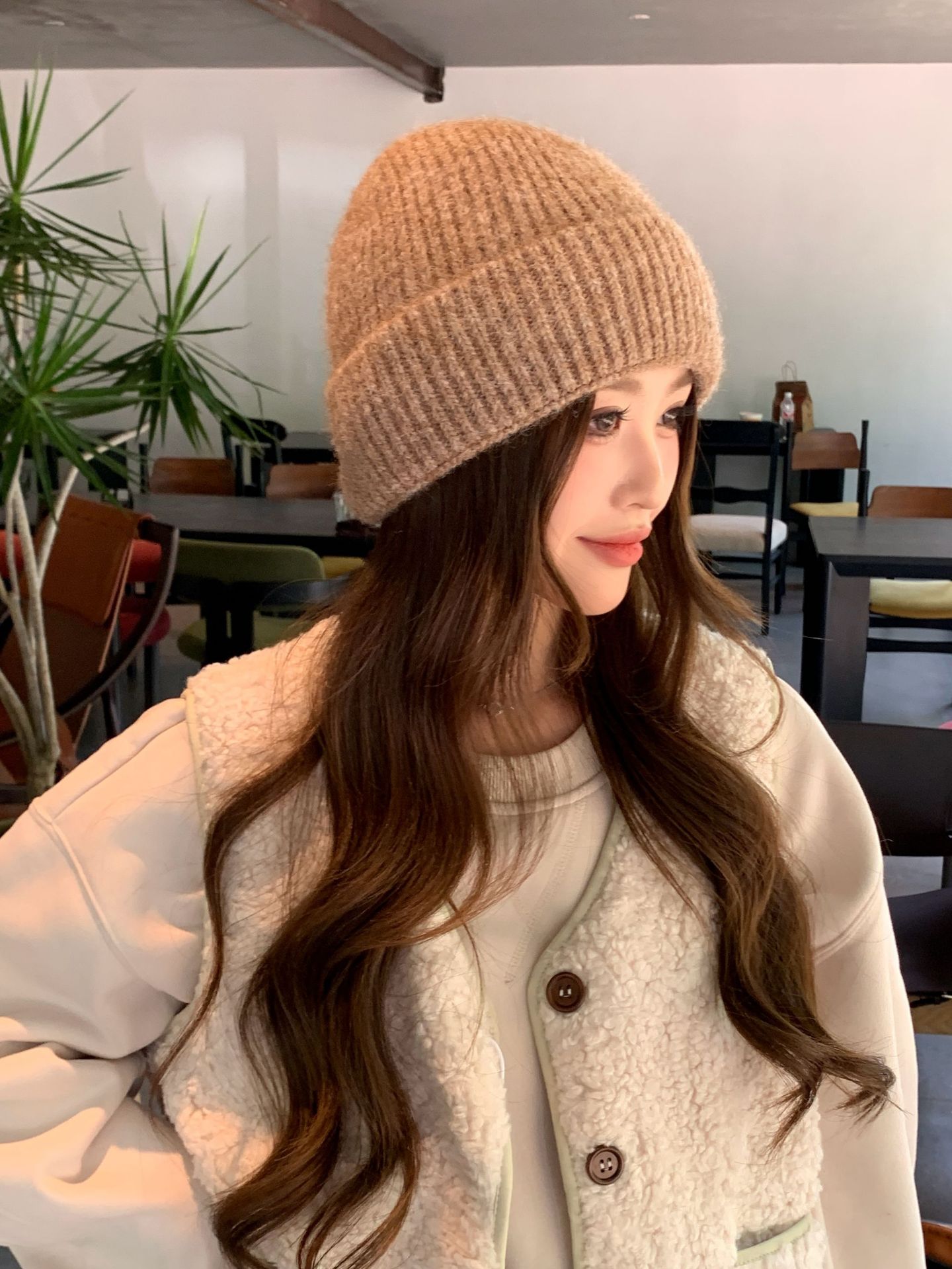 Solid Color Large Head Circumferece Face Slimmig Postpartum Autum Witer Fleece Lied Cold Thick Kitted Hat For_voghion.com