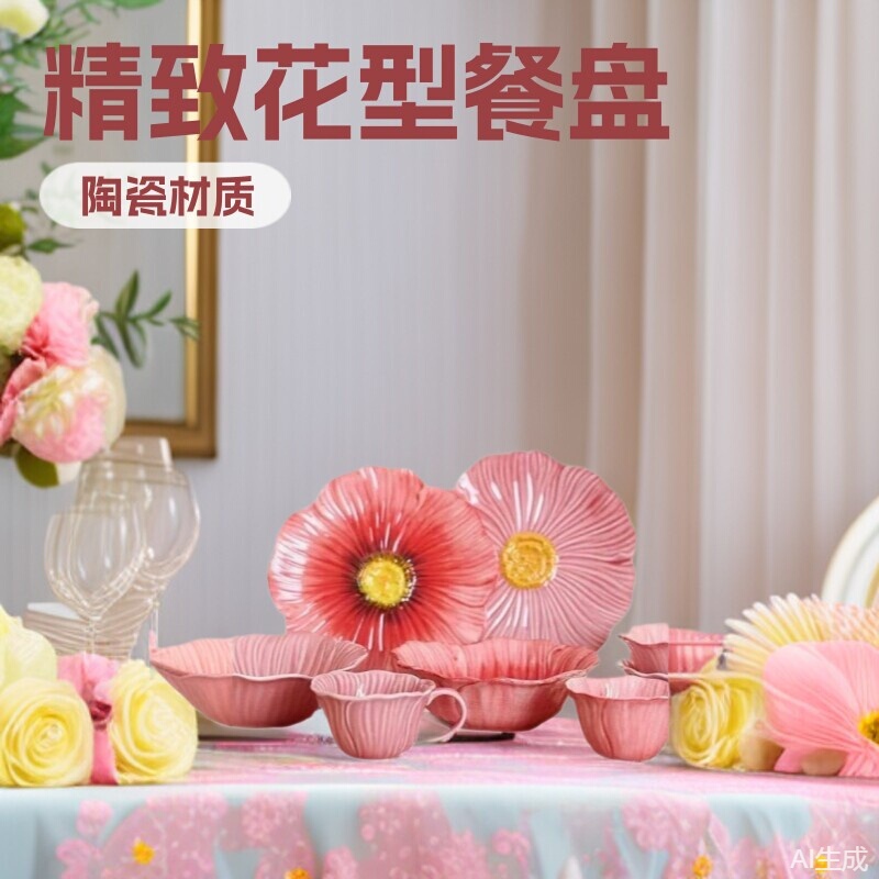 New Poppy Flower Ceramic Dinnerware Set Oven-Safe Trendy Dessert Plates Soup Bowls Baking Trays Serving Trays