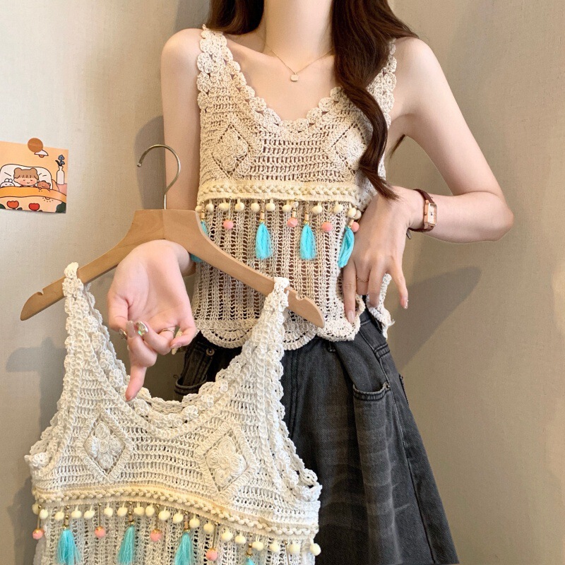 Vintage Bohemian Style Wided Crochet Hollow Vest Summer Tassel Small Blouse Sleeveless Top