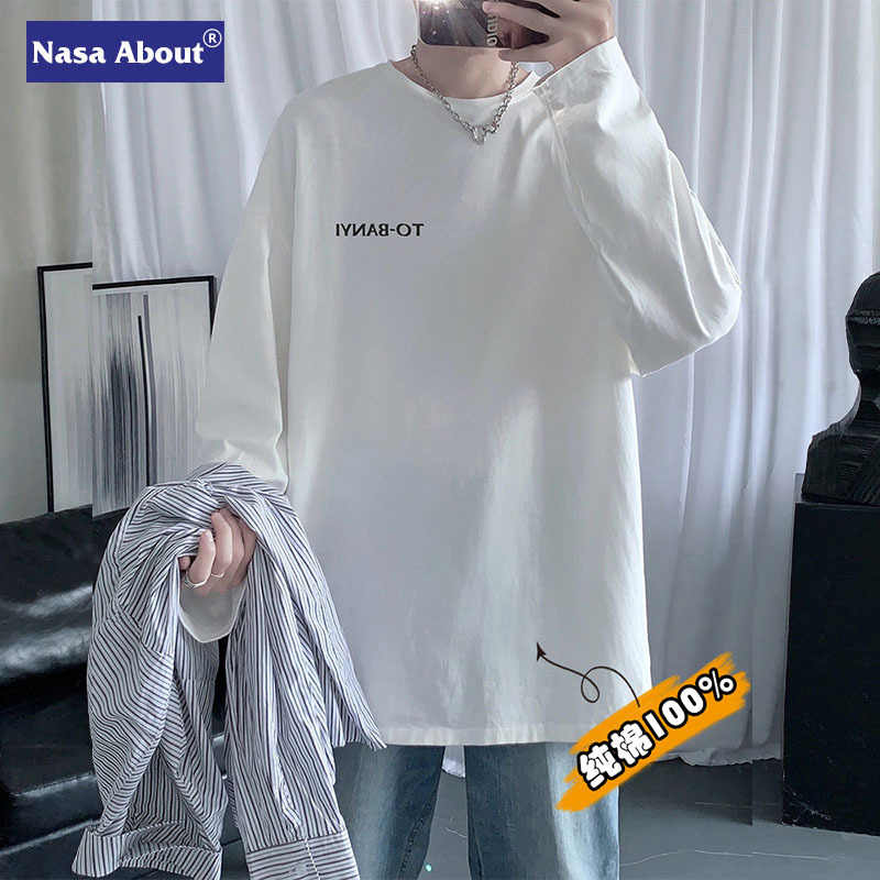 NASA 퓨어 코튼 화이트 긴팔 티셔츠 남성용 봄과 가을 베이스 셔츠 이너 탑 트렌디 브랜드 루즈한 스웨터