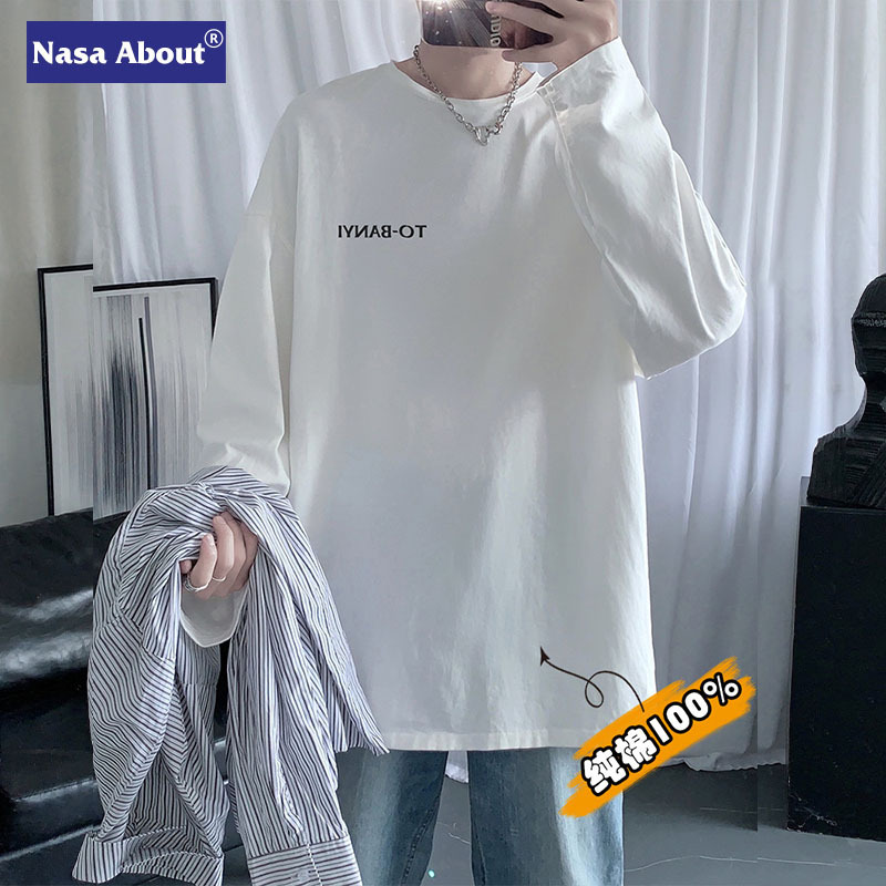 NASA Pure Cotton White Long-sleeved T-shirt Men's Spring and Autumn Base Shirt Inner Top Trendy Brand Ins Loose Sweater