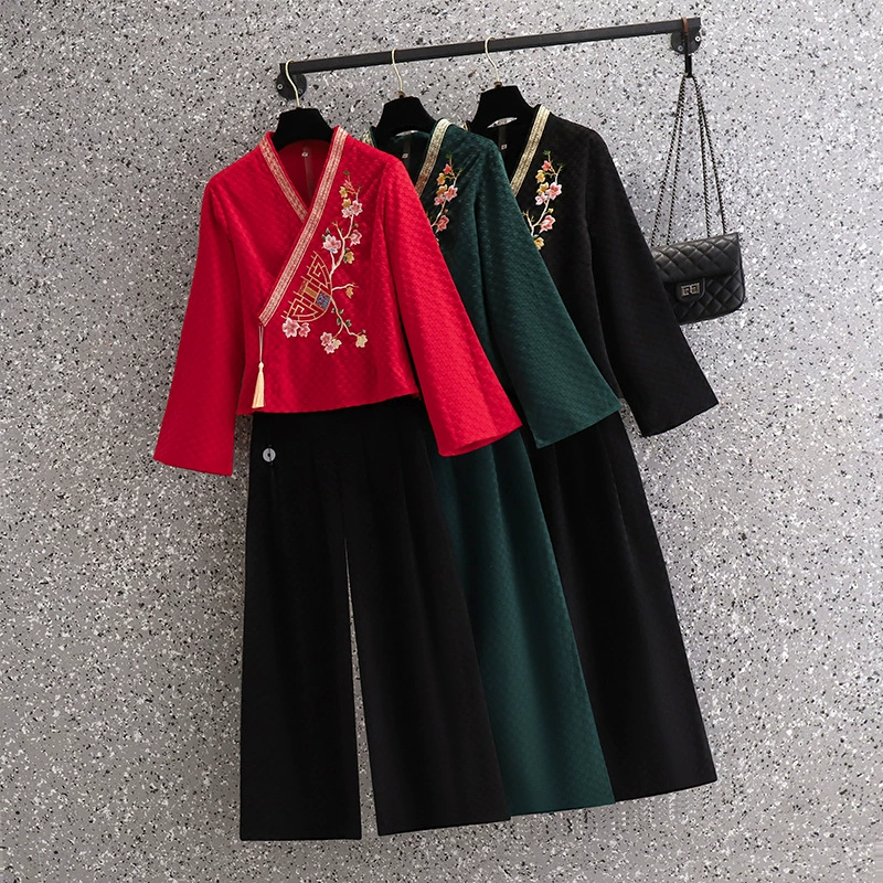  Demi-season velvet retro cheongsam, trousers for work, with embroidery, Chinese style