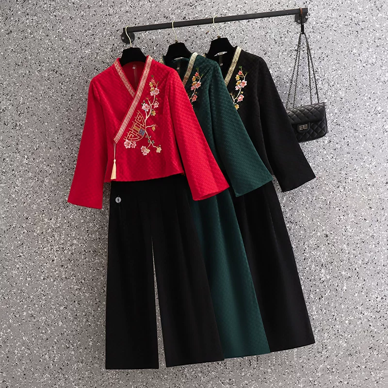  Demi-season velvet retro cheongsam, trousers for work, with embroidery, Chinese style