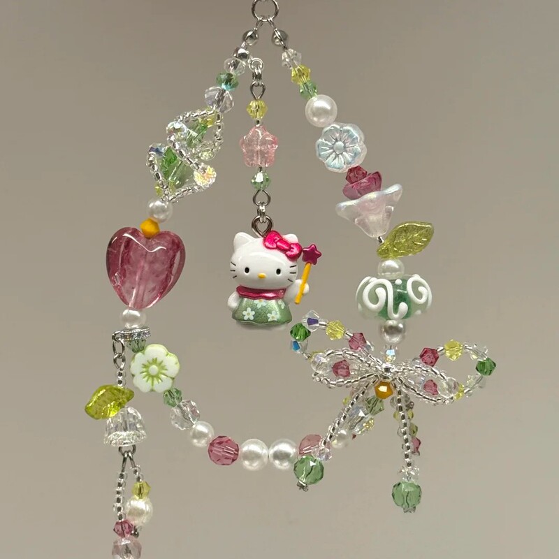 可爱卡通Hellokitty吊坠手机挂件时尚甜美绿色串珠蝴蝶结爱心挂链|undefined