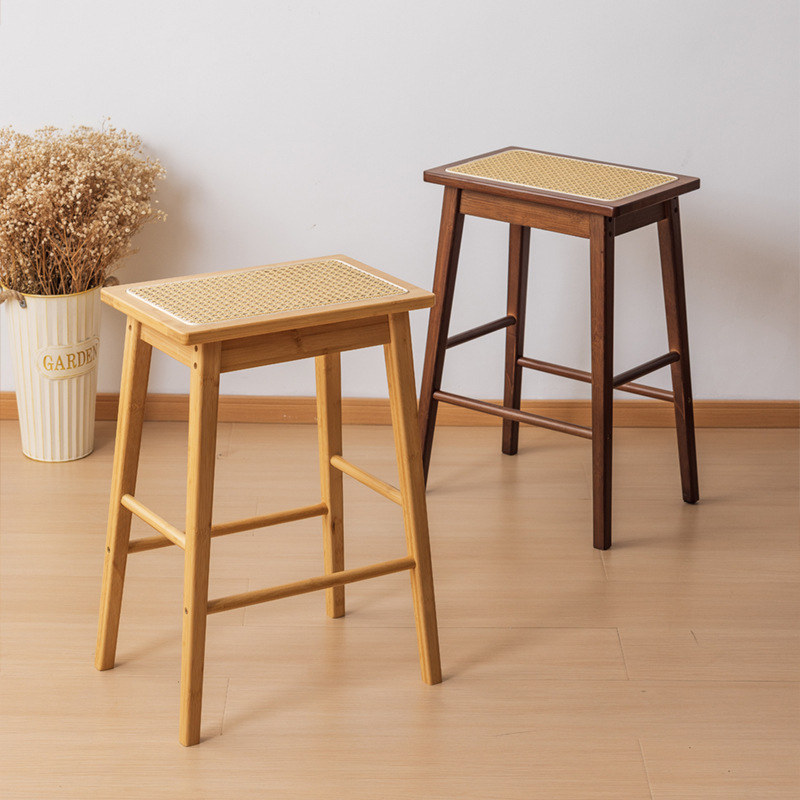 Taburete alto de ratán Taburete alto grueso para el hogar retro japonés, banco alto fuerte y duradero, banco alto, plataforma de isla de madera maciza, taburete de bar
