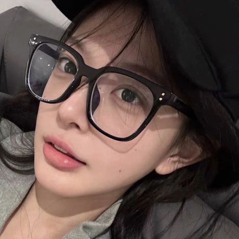 女性用ブラックフレーム近視メガネ、韓国風、トレンド、丸顔、大きな顔、痩身、フラットアイフレーム、男性用度付き装着可能|undefined