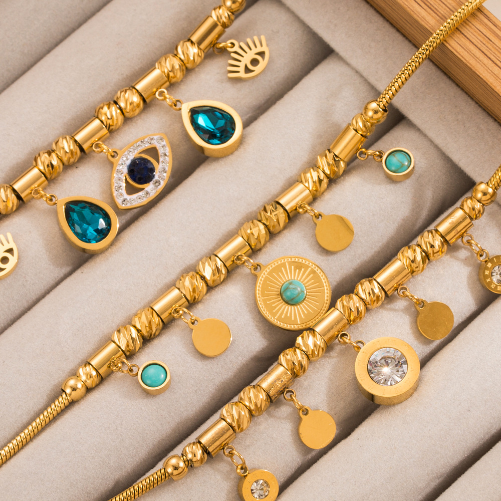 Fashion Round Eye Titanium Steel Plating Inlay Turquoise Bracelets 1 Piece