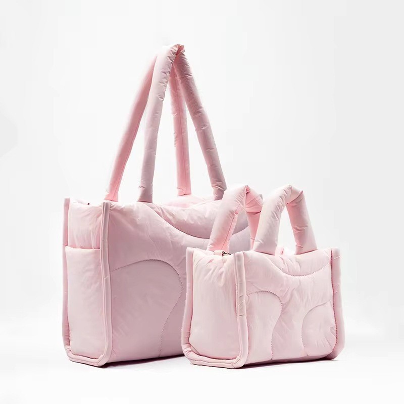 Production of women's nylon lightweight soft quilted large and mini-sized puffy handbags, puffy down shoulder bags