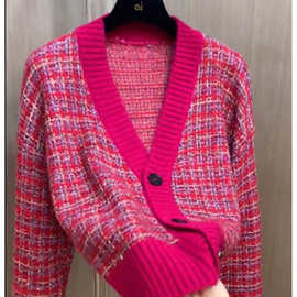 9593#欧洲站洋气小香风慵懒火龙果色针织开衫毛衣女秋冬