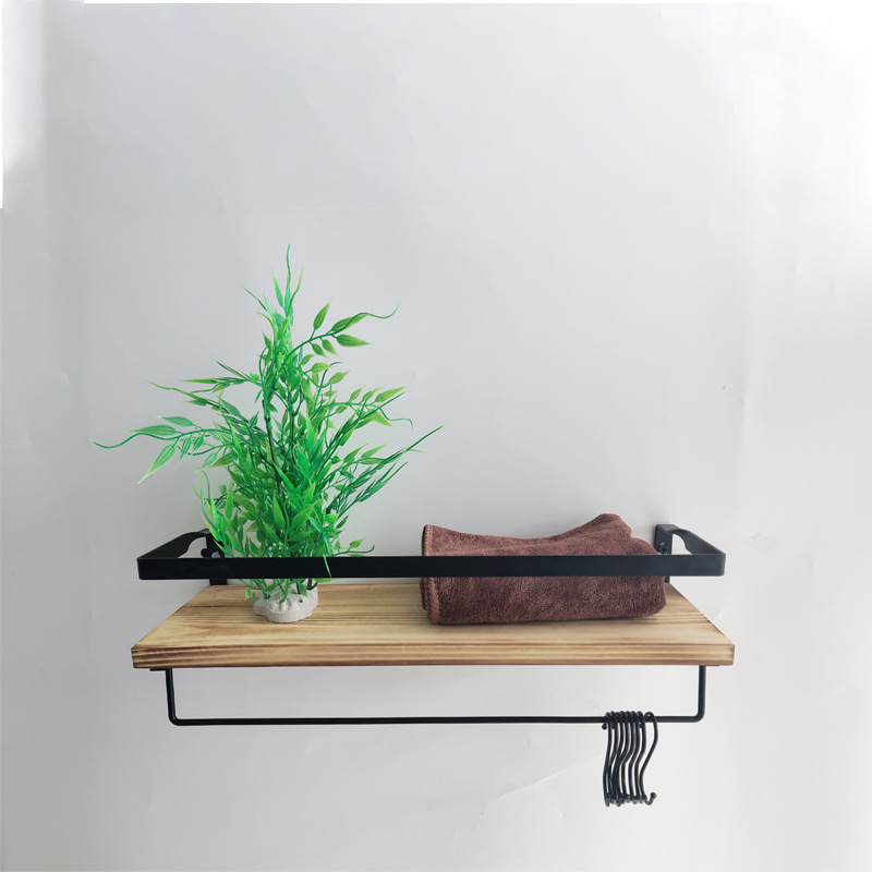Wooden sleeve two -stroke rack floating shelves with towel rods and 8 hook bedroom kitchen wall hanging racks