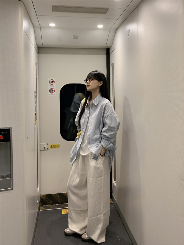 韩系松弛感廓形宽松奶蓝色条纹长袖衬衫外套上衣女春夏秋防晒衬衣|undefined