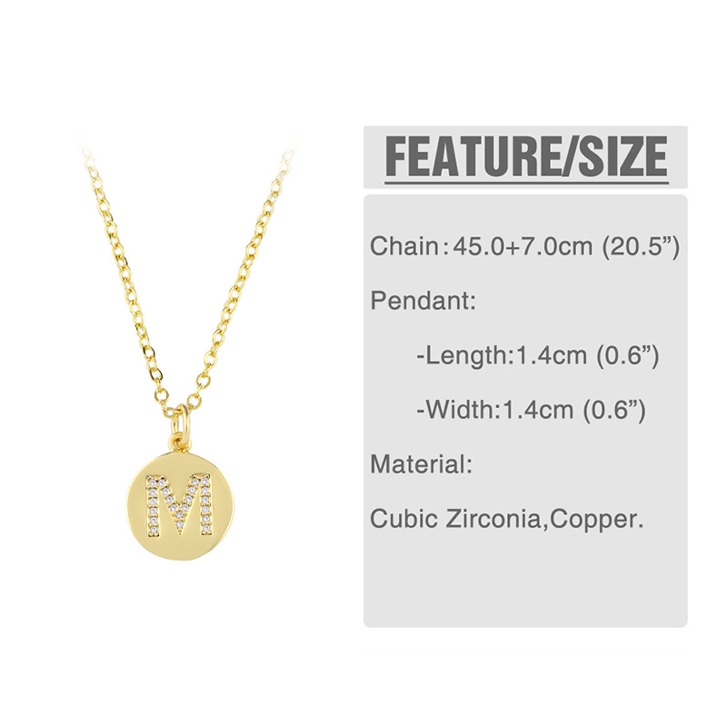round card 26 letters pendant necklace with zircon clavicle chain