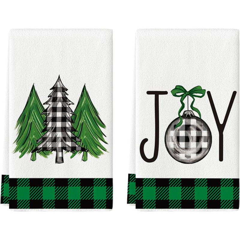 Green buffalo plaid Christmas tree happy Christmas kitchen towel dish towel seasonal winter decorative hand towel
