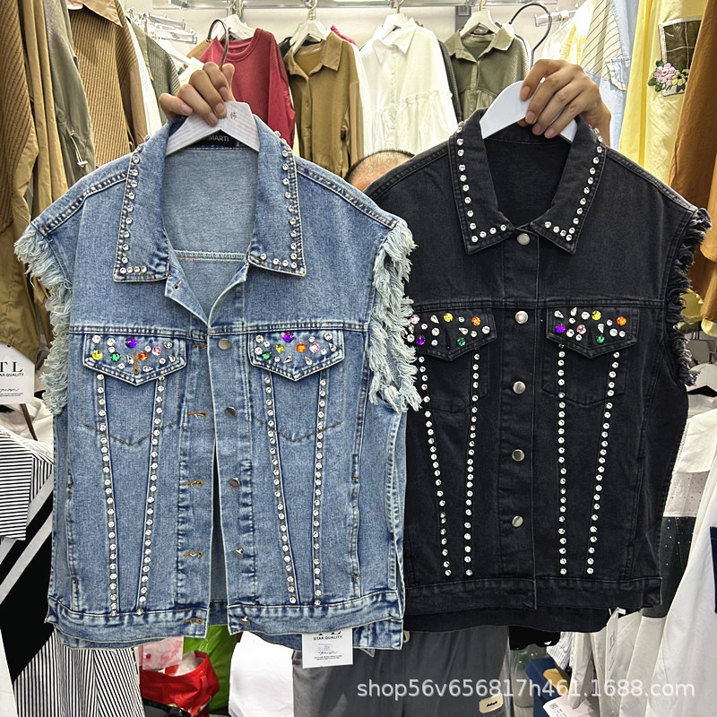 Diamond-Embellished Denim Vest Short Jacket for Women, Summer 2025 New Style, Age-Reducing Waistcoat, Trendy Brand Vest for Women