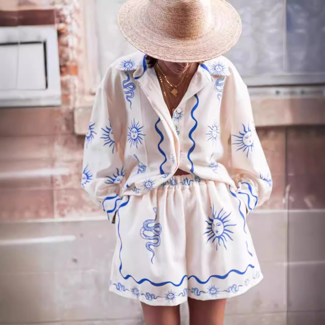 315g Weight Long Sleeve Sleeve Length Linen, Polyester Fabric Type Holiday Women's Casual Sun Snake Linen Polyester Printing Pant Co-ord Set Shorts Sets