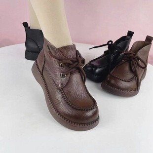 2022 autumn new mom shoes single-layer shoes soft and comfortable flat bottom deep mouth fleece-lined lace-up round toe retro casual single