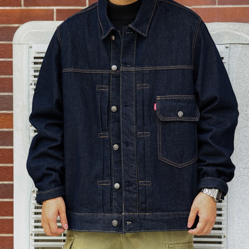 Japanese Retro Storm Rider Denim Jacket Men's Dark Blue Ami Khaki Lapel Topstitched Jacket