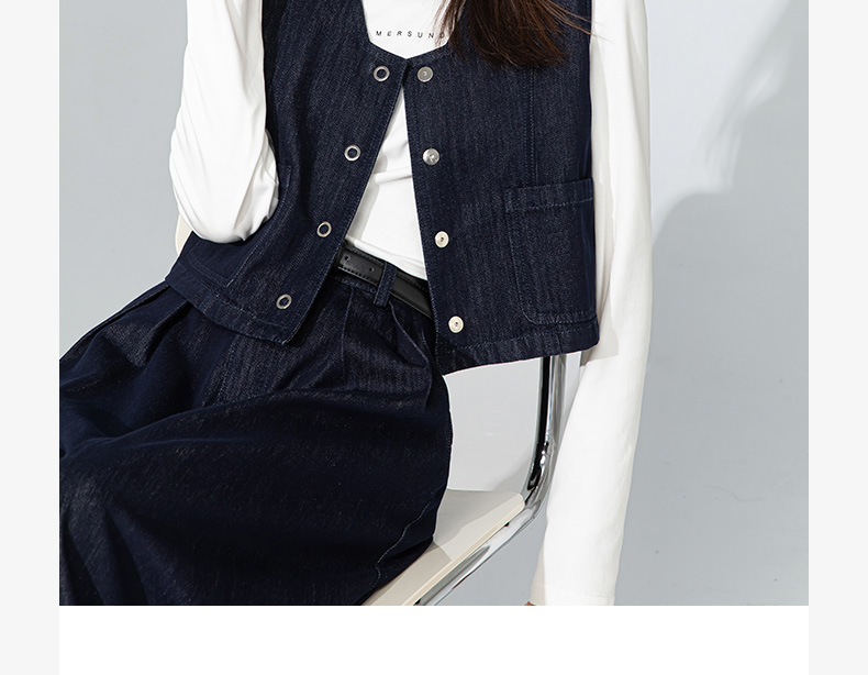 Bộ chân váy denim và áo gilê kiểu Pháp phong cách Hồng Kông, mặc nhiều lớp, thời trang dạo phố — Váy xanh 65338 chi tiết 6