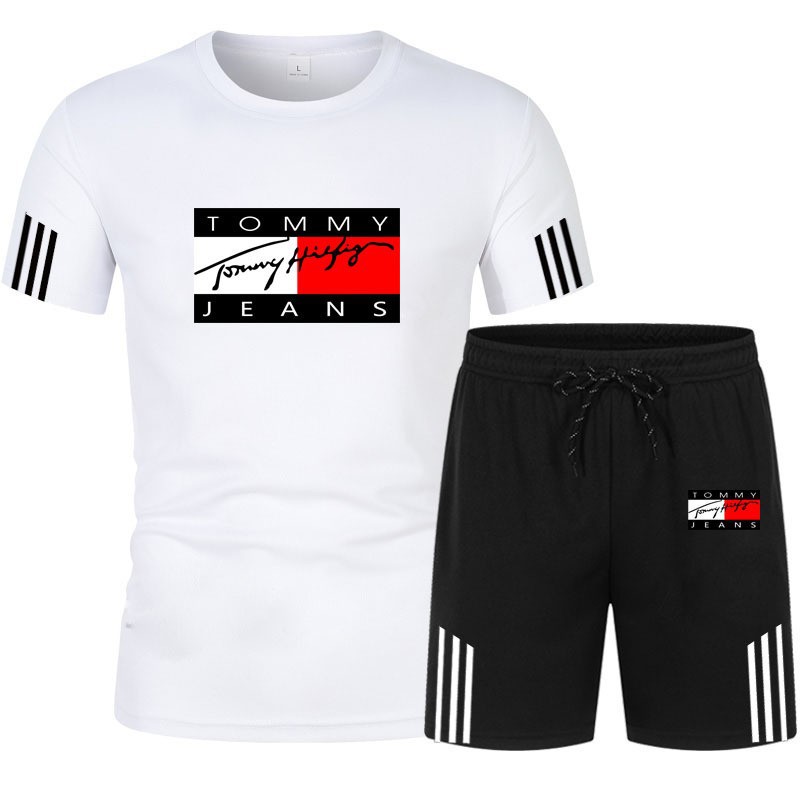 Summer New Three-Stripe Short-Sleeved Plus Five-Point Shorts Two-Piece Set Casual Sports Suit Men's Short-Sleeved T-Shirt