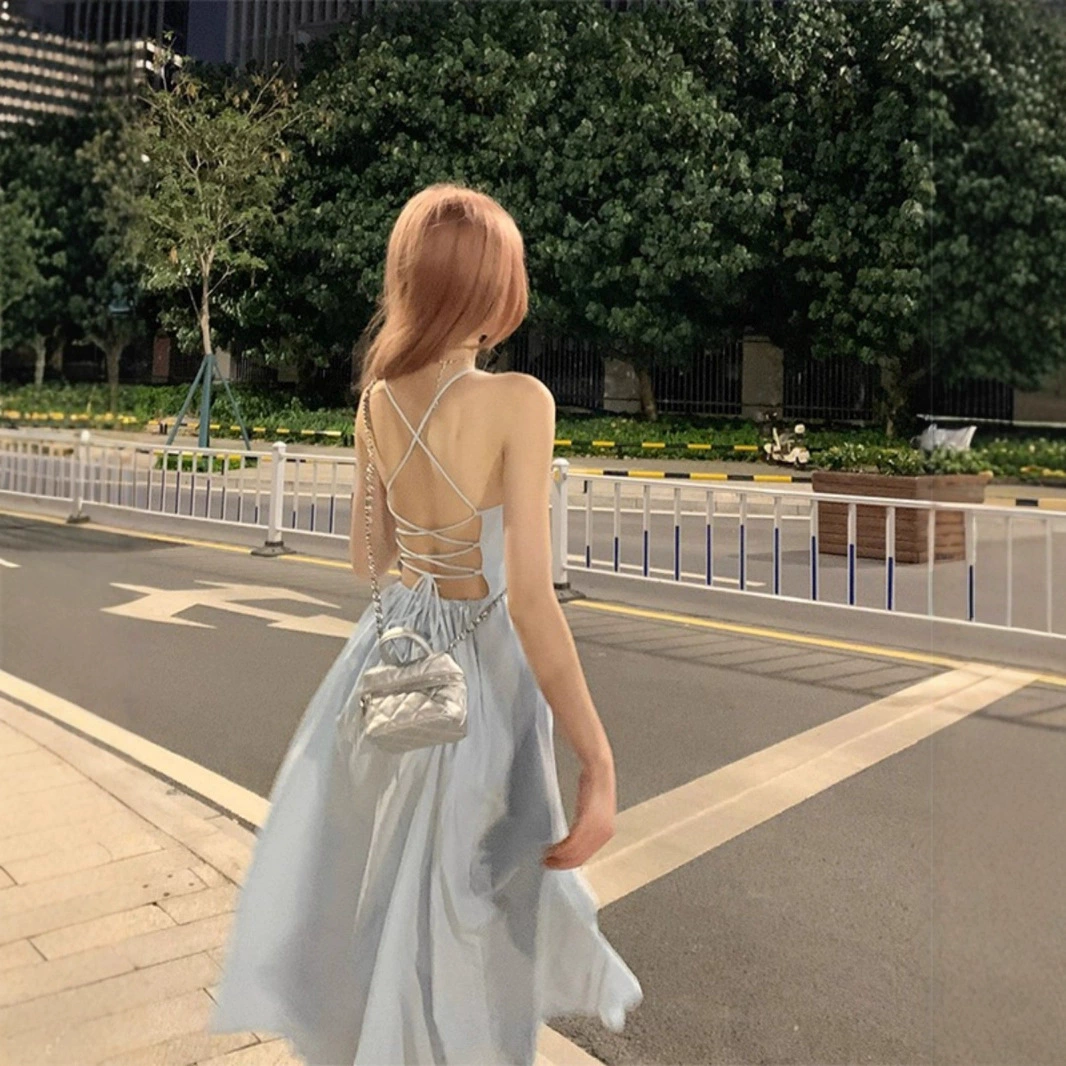 Летний новый стиль, утягивающий талию, для отдыха на море, с открытой спиной, на бретельках, юбка на подтяжках, женское сексуальное шикарное пляжное платье для горячих девушек