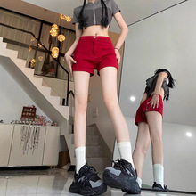 红色高腰牛仔短裤女2025新款夏季小个子弹力辣妹包臀紧身热裤子薄