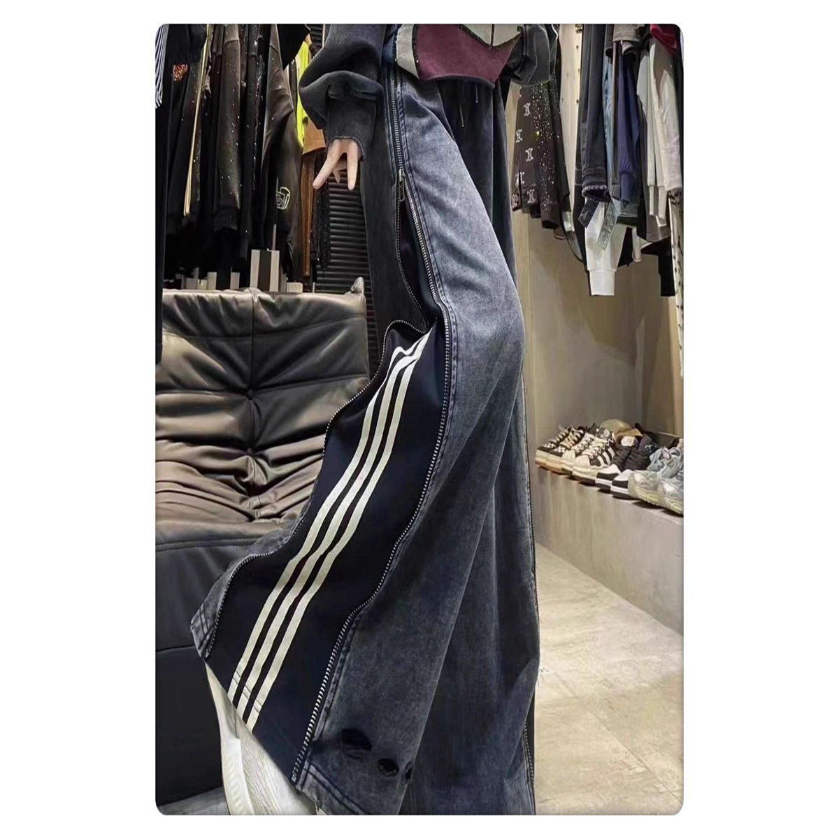 European Large Version of Wide-Leg Pants for Women 2025 Autum New Design Side Zipper Two-Wear Three-Stripe Floor-Length Sweatpants Trendy