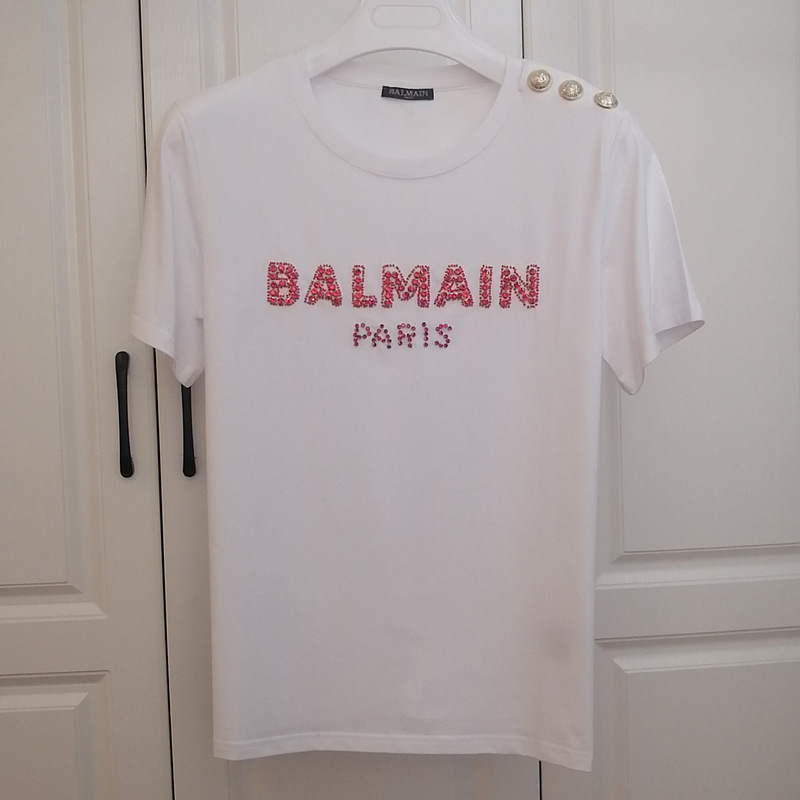 2025Ss Spring and Summer New Balmain Balmain Short-Sleeved Shoulder Gold Buckle Studded Letters Cotton T-Shirt