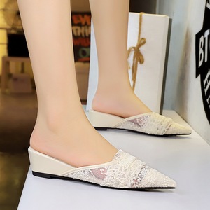 599-28 French Fashion Slippers for Women, Lace Mesh, Pointed Point, Shallow Mouth, One Step Stepping, Slope Style, Outer