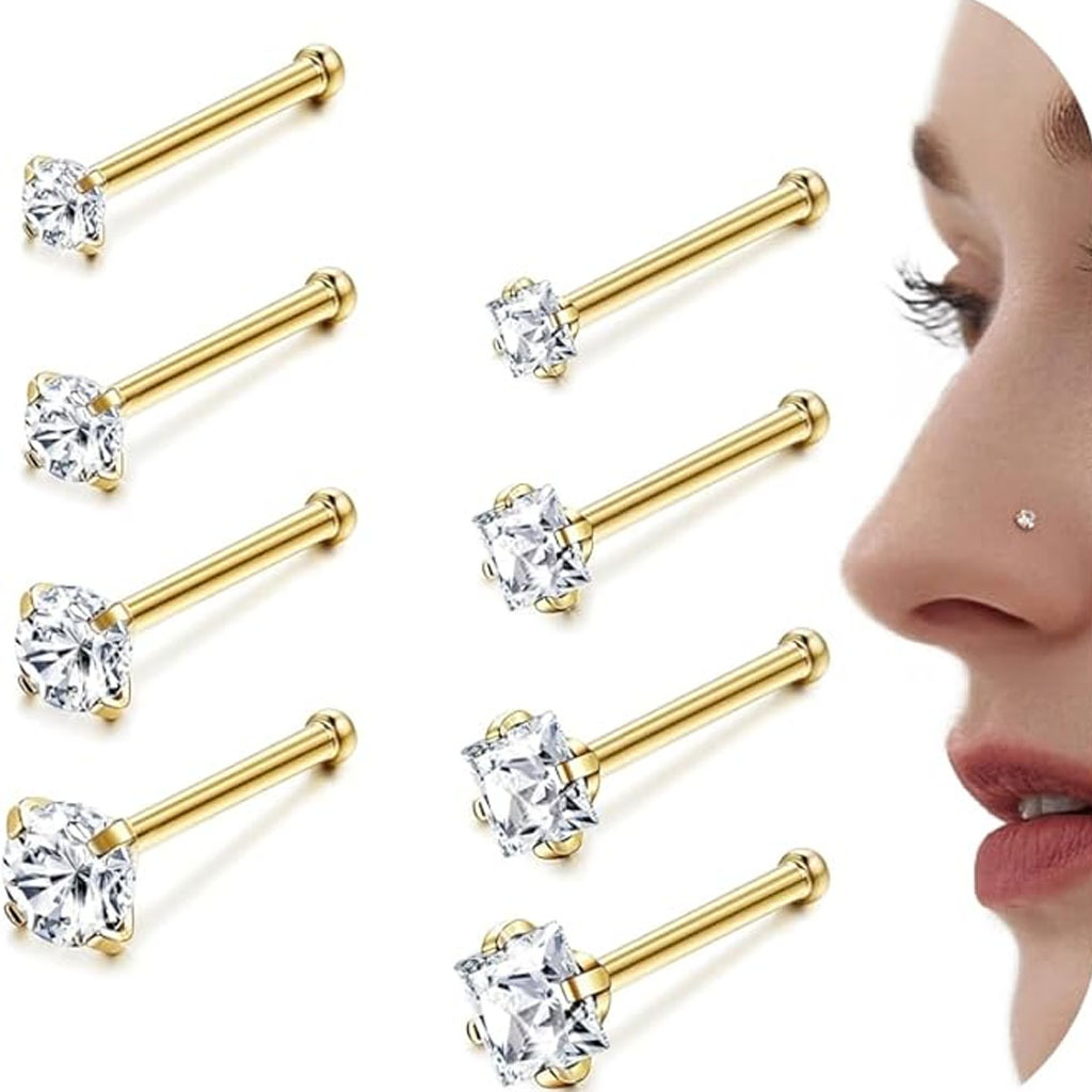 Set Of Titanium Nose Studs With Zirconia In Square And Round Styles_voghion.com