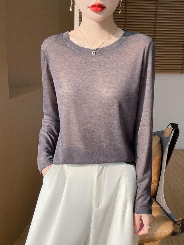 ラウンドネックテンセルコットンTシャツレディース長袖ゆったり微透けトップス新作スリムベーシックインナーニットボトムシャツ|undefined