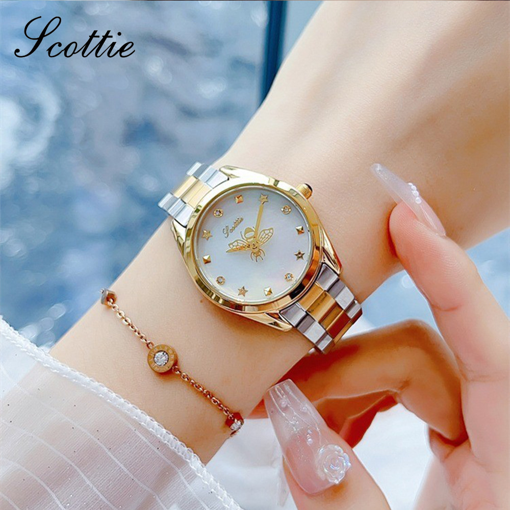 Orologio da donna Scottie New Fashion con cinturino in acciaio girevole Little Bee, quadrante in madreperla e lancetta dei secondi, 9595D_voghion.com