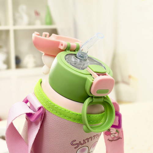 Cute & Fun Cartoon Kids' Straw Thermos Cup | Double-Layer Vacuum-Insulated 316 Stainless Steel Water Bottle with Outdoor Strap — Wholesale
