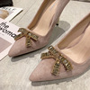 Korean fashion pointed shallow mouth suede high heels thin heel sexy women’s single shoes diamond women’s shoes