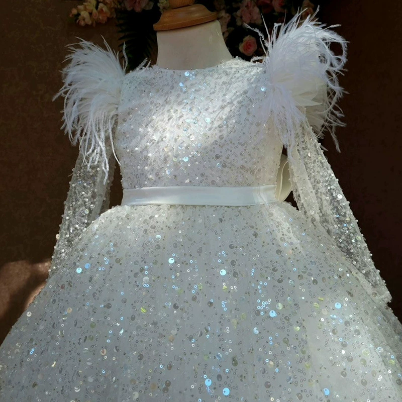 White skirt, long-sleeve, evening dress, children's nail sequins, suit, western style, Birthday gift