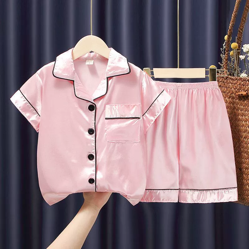 Летние детские пижамы из ледяного шелка, короткие рукава, для мальчика и девочки, тонкие, для дома, с кондиционером.