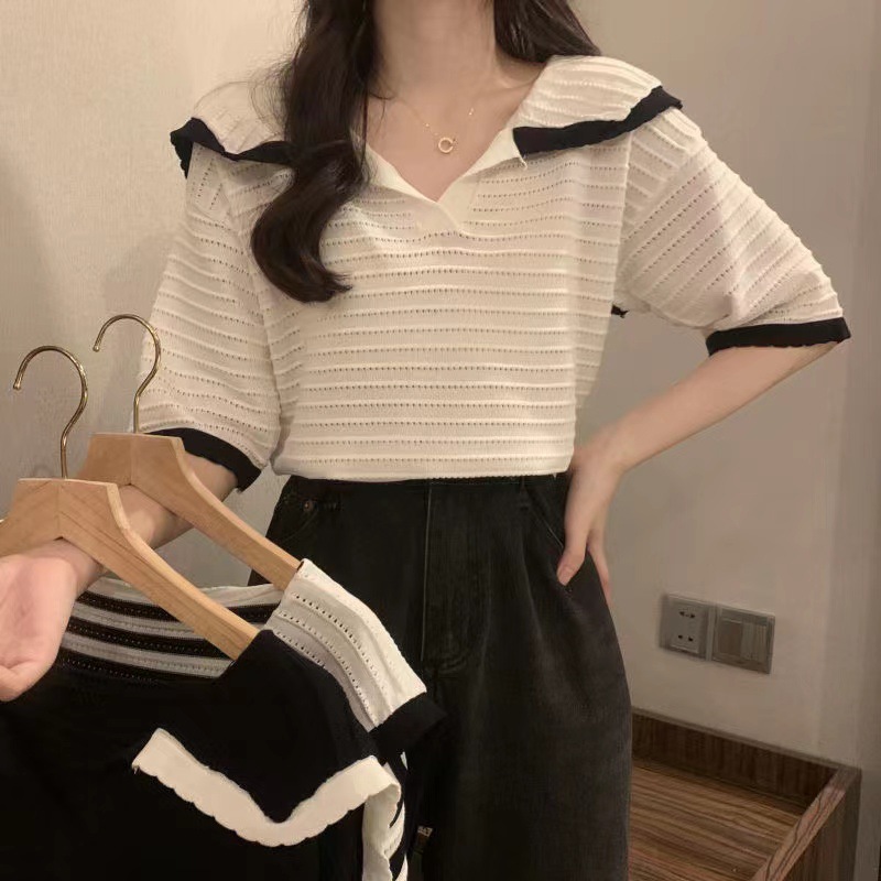娃娃领短袖撞色针织衫女夏季薄款微镂空减龄显瘦小衫百搭上衣女潮