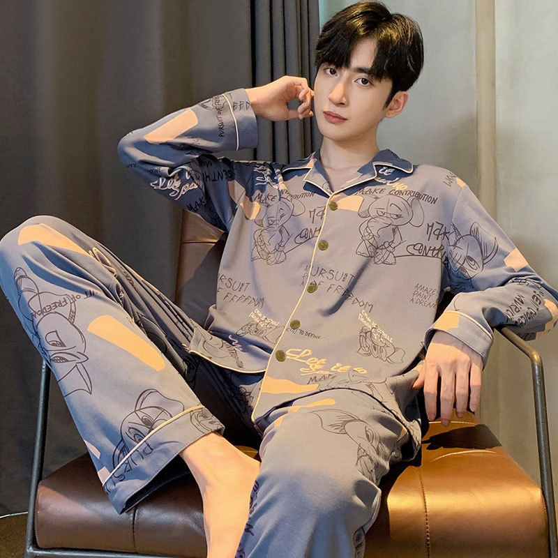 2026 New Men's Pajamas, Pure Cotton Long-Sleeved Spring & Fall Style, Youth All-Season Universal Boys' Style Home Wear Set
