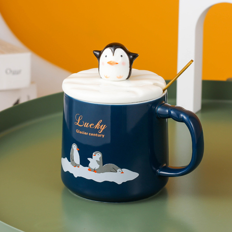 Creativo lindo pingüino Taza de cerámica de dibujos animados pareja taza de café con tapa cuchara estudiante resistente al calor taza de agua