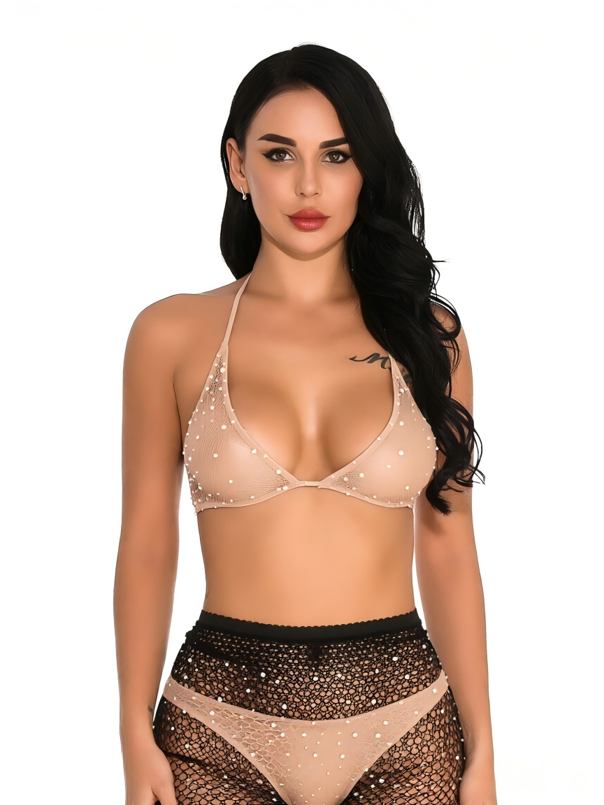 Conjunto de Lencería Body de Malla W48 de Nailon y Spandex con Pedrería para Citas en Pareja