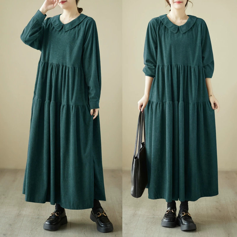 Осенью 2023 года в наличии Real shot плюс размер женское платье 180 кг с круглым вырезом для девочек, свободное платье с воротником и темпераментом