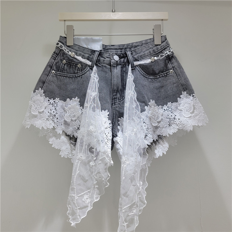 Pantalones Cortos Jeans con Encaje de Denim de Poliéster Cintura Baja Diseño de Empalme