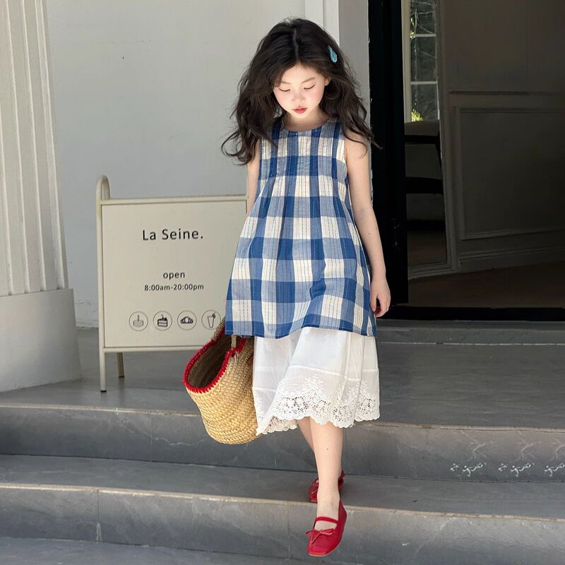 2026 New Summer Style Stylish Vest, Plaid Striped Top, Lace Skirt Design, T-Shirt Two-Piece Set for Girls 2026 New Summer Style Stylish Vest, Plaid Striped Top, Lace Skirt Design, T-Shirt Two-Piece Set for Girls